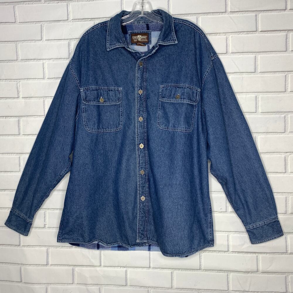VTG Levi Strauss blue denim barn chore jacket plaid fleece lined Levi's men XL